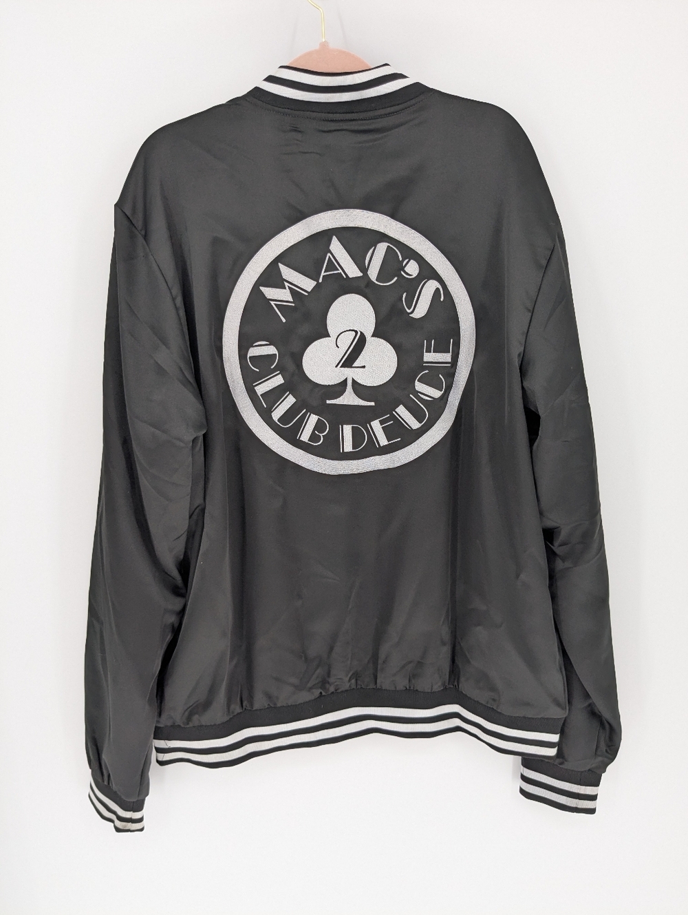 Mac's Club Deuce Classic Black Satin Embroidered Bomber Jacket Mens Size XL RARE
